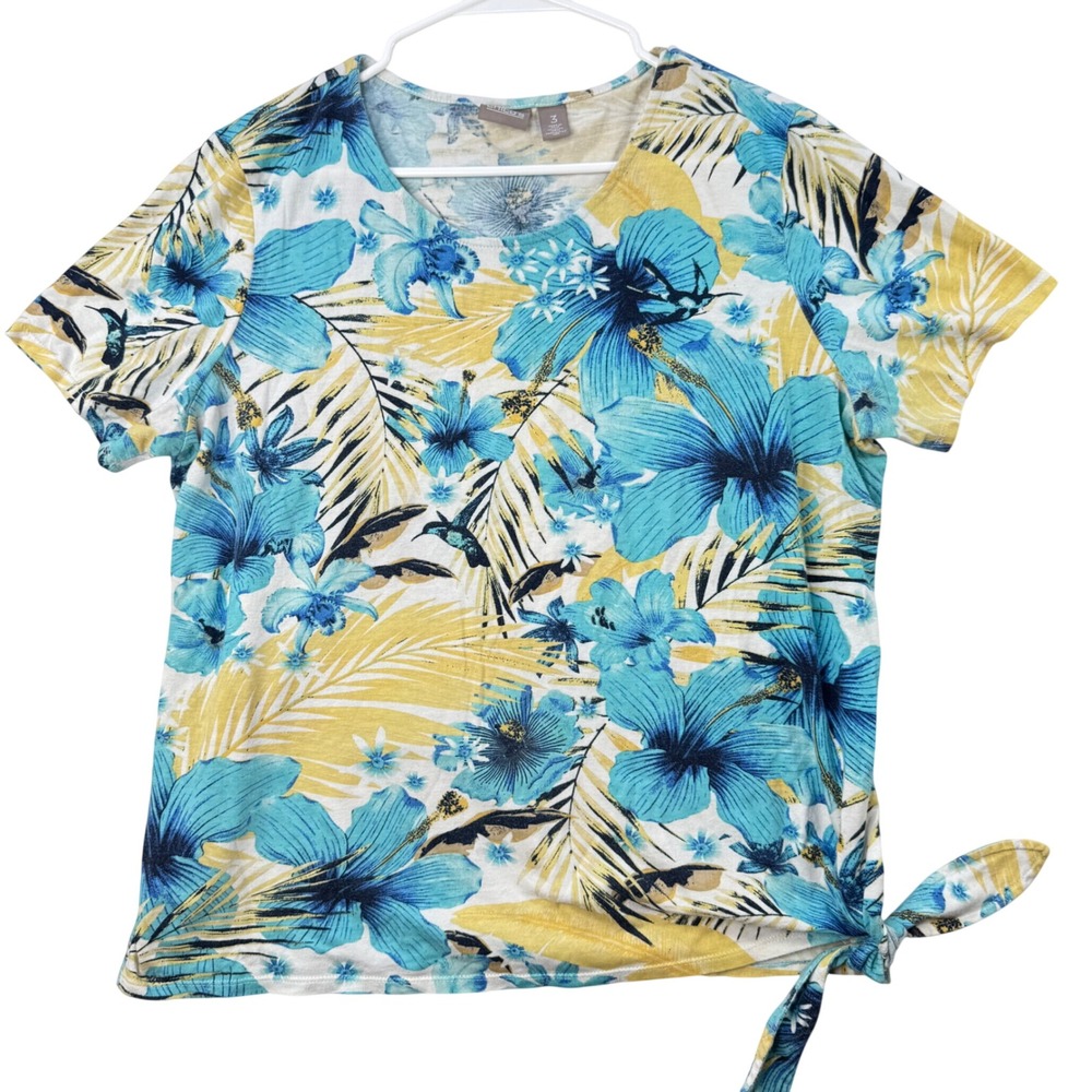 Chico's 3 Tropical Floral T-Shirt Womens XL‎ Blue Side Tie Coastal Casual
